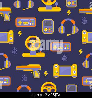 Video gaming seamless pattern. Joystick, digital computer game flat gadgets. Elements for online game, retro technologies neoteric vector background Stock Vector