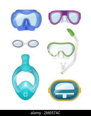 Diving mask. Transparent professional masks or glasses for exploring underwater life decent vector realistic set Stock Vector