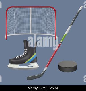 Hockey. Realistic sport items for hockey pucks gloves helmet and stick decent vector illustration Stock Vector