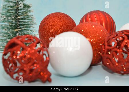 Christmas decorations on a light blue background, flat lay. Space for text Stock Photo