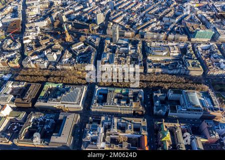 Aerial view, office buildings and commercial buildings at the Kö and evang. Johannes church in the district Stadtmitte in Düsseldorf, Rhineland, North Stock Photo