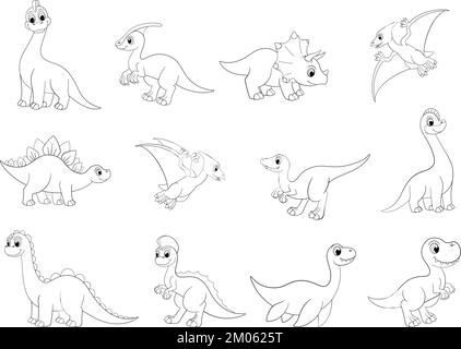 Outline dinosaurs, t-rex and pterodactyl. Line dinos isolated on white, prehistoric cartoon dinosaur. Children dino clipart, vector coloring bundle Stock Vector