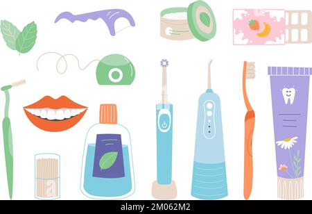 Dental cleaning tools and mouth. Toothpaste, freshener and brushes. Mouthwash bottle, clean tooth instrument for home care. Classy dentist vector set Stock Vector
