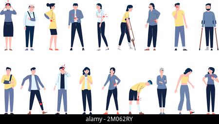 Pain and injured points on people body. Painful knee, ill patient with neck bandage. Hurt injury man, diverse recent vector characters feel ache Stock Vector