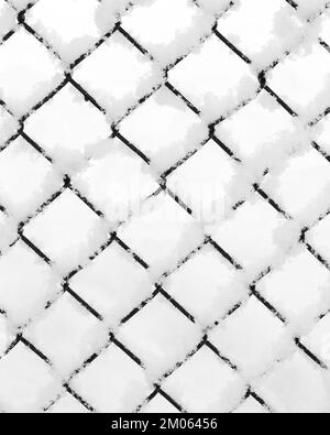 Snow piled on the wire of a diamond pattern mesh black fence in closeup during winter Stock Photo