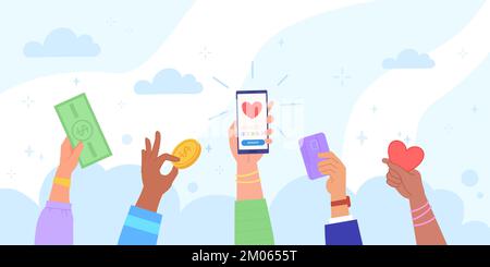 Charitable mobile donation. Online phone app charity, food and money internet donations hands with smartphone giving gift share contribution digital help vector illustration of donation and charitable Stock Vector