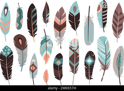 Colored feathers vector icons isolated on white background. Various bright abstract feathers. Different shapes colorful trendy illustration of feather decoration wing Stock Vector