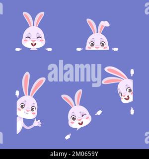 Hiding rabbits. Peeking easter rabbit, cute bunny peek from hole, cartoon animal with space for text banners border or frame in funny paw, kid boo gift pet vector illustration of rabbit animal Stock Vector