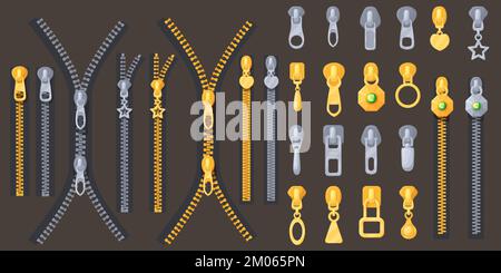 Zipper clasp. Zippers slider for leather textile or clothes buckle,  metallic gold or silver zip pull, lock fastener dress puller jeans cloth  accessories, neat vector illustration of zip textile Stock Vector Image