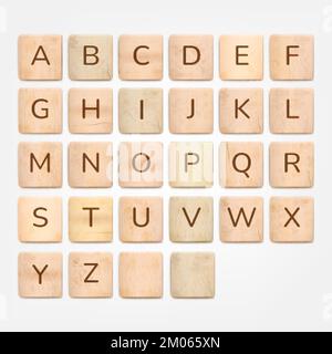 Wooden tiles alphabet. 3d wood tile or square block with letter sign wording text, puzzle words game crossword play cube board font language education, tidy vector illustration of play alphabet block Stock Vector