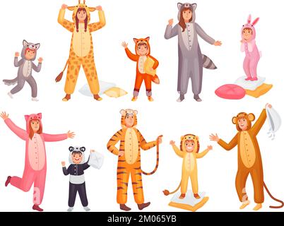 Animal pajamas. People in funny pyjamas onesie, sleepover costume pajama party adult or child person sleeping suit animals character carnival costumes ingenious vector illustration of animal party Stock Vector