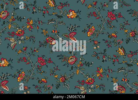 Seamless Floral Design with Leaves on Colored Background Ready for Textile Prints. Stock Photo
