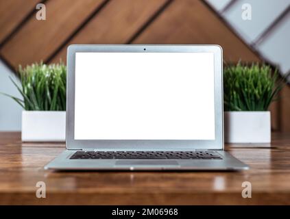 Laptop screen mockup, white display mock up on wood office desk, table with green plants. High quality photo Stock Photo