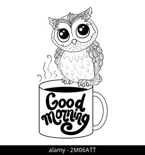 A cute owl sits on a cup of coffee. Black and white linear image. Vector Stock Vector