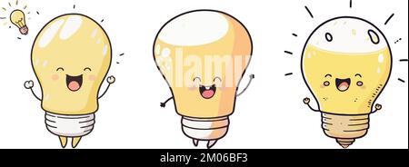 Set of cute happy lightbulbs, ideas, cartoon, creativity, smiling emotions Stock Vector