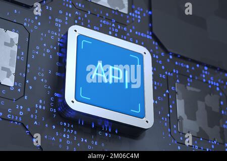 Application software development tool. API halographic inscription on an abstract technological processor. Application programming interface. 3D rende Stock Photo