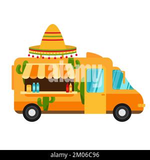 Flat design vector cartoon illustration food truck. Traditional Mexican street cuisine. Auto restaurant, fastfood. Food truck with sombrero and cacti Stock Vector