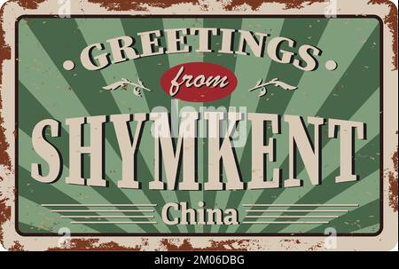 Shymkent on colored background vintage post card metal plate Stock Vector