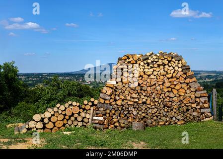 Stacked pile of cut wood in the meadow ready for the heating season. Stock Photo
