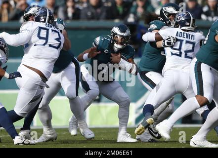 Philadelphia, United States. 04th Dec, 2022. Philadelphia Eagles Jalen Hurts runs with the football in the first quarter against the Tennessee Titans in week 13 of the NFL season at Lincoln Financial Field in Philadelphia on Sunday, December 4, 2022. Photo by John Angelillo/UPI Credit: UPI/Alamy Live News Stock Photo