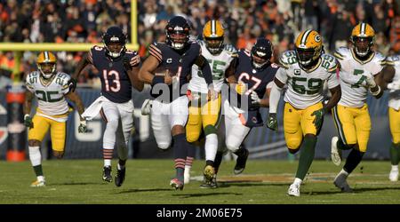 Chicago, United States. 04th Dec, 2022. Chicago Bears running back David  Montgomery (32) celebrates a second quarter touchdown against the Green Bay  Packers at Soldier Field in Chicago on Sunday, December 4