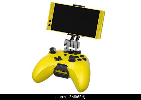 Realistic yellow joystick for playing games on a mobile phone on white background. 3D rendering of video game streaming concept Stock Photo