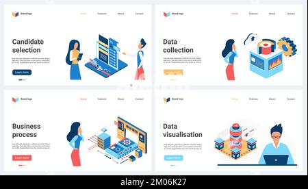 HR, candidate resume selection and recruitment process, data collection and project visualization set vector illustration. Cartoon tiny people work with online services and processing machines Stock Vector