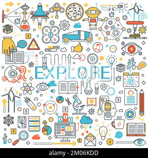 Explore and discover the world. Thinking outside the box, research and development vector illustration on white background Stock Vector
