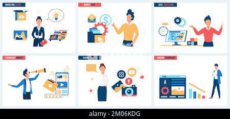Global solutions of marketing experts, market data processing with modern technology set vector illustration. Cartoon tiny people work with information on computer and phone screen, analyze charts Stock Vector