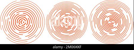 Red concentric ripple circles set. Sonar or sound wave rings collection. Epicentre, target, radar, vibration element concepts. Radial signal.  Stock Vector