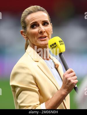 Al Khor, Qatar. 4th Dec, 2022. BBC TV Sports Presenter Gabby Logan during the FIFA World Cup 2022 match at Al Bayt Stadium, Al Khor. Picture credit should read: David Klein/Sportimage Credit: Sportimage/Alamy Live News Stock Photo