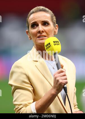 Al Khor, Qatar. 4th Dec, 2022. BBC TV Sports Presenter Gabby Logan during the FIFA World Cup 2022 match at Al Bayt Stadium, Al Khor. Picture credit should read: David Klein/Sportimage Credit: Sportimage/Alamy Live News Stock Photo