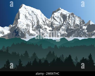 Great Himalayan range with woodland, Himalayas mountains vector illustration, snowcapped white and blue colored mountain Stock Vector