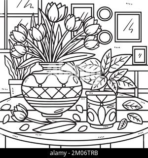 Spring Flowers In A Vase Coloring Page for Kids Stock Vector