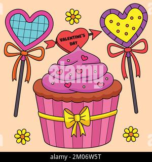 Valentines Day Cupcake and Candies Colored Cartoon Stock Vector