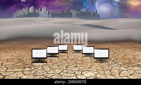 TV screens in desert. City on the horizon. 3D rendering Stock Photo