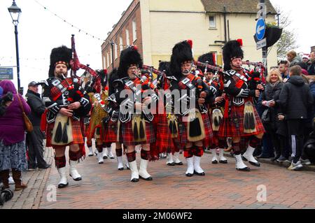 Scotts. Scotland. Bagpipes. Marching. Soldiers. Rochester stepped back to Victorian era to celebrate the author Charles Dickens with the city’s Dicken Stock Photo