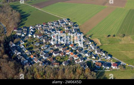 Aerial view, housing estate at Volkringhauser Weg in the district Beckum in Balve, Sauerland, North Rhine-Westphalia, Germany, Prize, DE, Europe, Prop Stock Photo