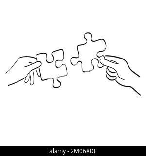 line art closeup two hands matching jigsaw puzzle or teamwork concept illustration vector hand drawn isolated on white background Stock Vector