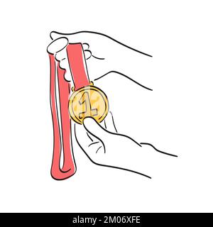 line art closeup hand holding first place golden medal illustration vector hand drawn isolated on white background Stock Vector