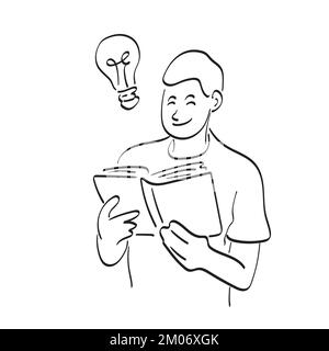 line art man reading book with bulb illustration vector hand drawn isolated on white background Stock Vector