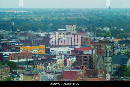 Looking towards the Packard Plant with Gratiot Avenue and Eastern Market in the foreground in Detroit, Michigan, USA. Stock Photo