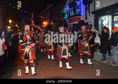 Scotts. Scotland. Bagpipes. Marching. Soldiers. Rochester stepped back to Victorian era to celebrate the author Charles Dickens with the city’s Dicken Stock Photo