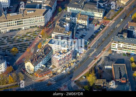 Luftbild, Innenstadt am Platz der Deutschen Einheit und Neubau an der Neuen Bahnhofstraße im Stadtteil Mitte in Hamm, Ruhrgebiet, Nordrhein-Westfalen, Deutschland, Bauarbeiten, Baugebiet, Baugelände, Baugrundstücke, Baumaßnahme, Bauprojekt, Baustelle, City Hamm, DE, Europa, Hamm, Heinrich-von-Kleist-Forum, Luftaufnahme, Luftbildfotografie, Luftfotografie, Neubau, SRH Hochschule in Nordrhein-Westfalen, Uebersicht, Vogelperspektive, birds-eyes view, overview Stock Photo