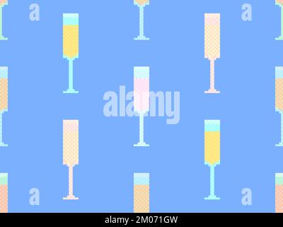 Pixel wine glasses seamless pattern. 8-bit pixelated champagne glass in 80s retro graphic style. Design for posters and banners. Vector illustration Stock Vector
