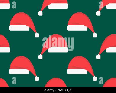 Seamless pattern with Santa hat in pixel style. Christmas hat in pixel art style on a green background. Festive design for greeting cards, wrapping pa Stock Vector
