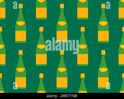 Pixel champagne bottle seamless pattern. 8-bit pixelated wine bottle with golden label in 80s retro graphic style. Design for posters and banners. Vec Stock Vector