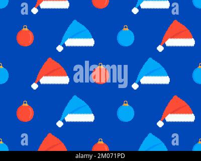Seamless pattern with pixelated Christmas balls and Santa hat. Xmas hat and Christmas tree decoration pixel art style. 8-bit graphic from 80s. Design Stock Vector