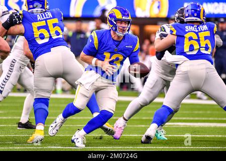 Defensive tackle (97) Michael Hoecht of the Los Angeles Rams warms up  before playing against the San Francisco 49ers in an NFL football game,  Monday, Oct. 3, 2022, in Santa Clara, Calif.