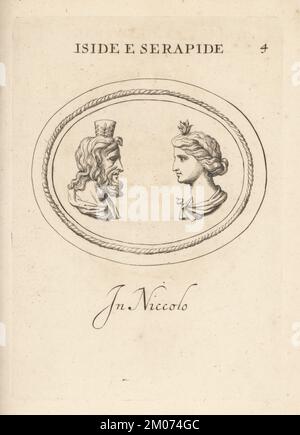 Heads of the Egyptian gods Isis and Serapis facing each other. Serapis, bearded Greaco-Egyptian sun deity wearing a modius or calato, a cylindrical crown decorated with vine leaves and rushes. Isis, Egyptian earth goddess, with peach leaves on her head. Copperplate engraving by Giovanni Battista Galestruzzi after Leonardo Agostini from Gemmae et Sculpturae Antiquae Depicti ab Leonardo Augustino Senesi, Abraham Blooteling, Amsterdam, 1685. Stock Photo